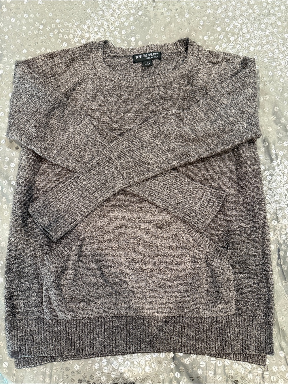 Barefoot Dreams Cozy Heather Gray Crewneck with Front Pocket